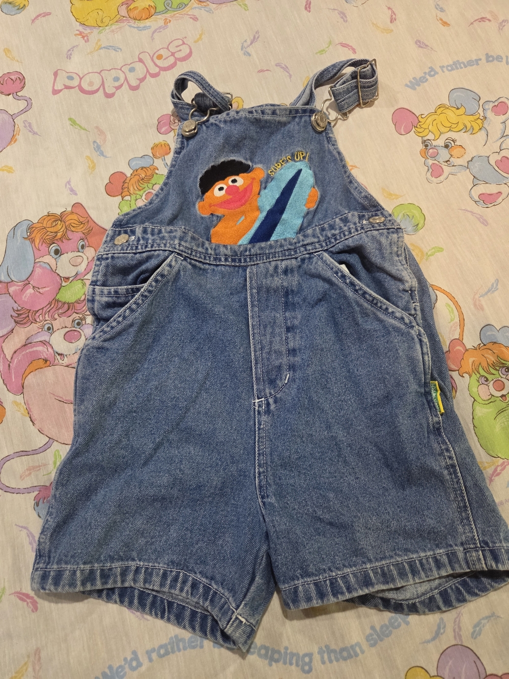 Sesame Street Blue Denim Short Overalls with Surfing Ernie Vintage Y2k 4t